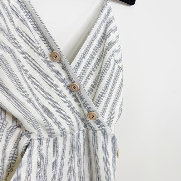 Lunik Small S Blue Cream Striped Button Detail Romper Cotton Blend VNeck Pockets - Picture 4 of 11